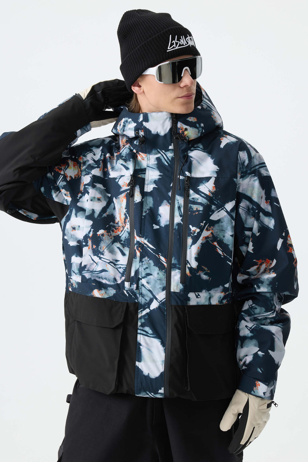 Men's Black Modern Contrast Panel Insulated Snow Jacket