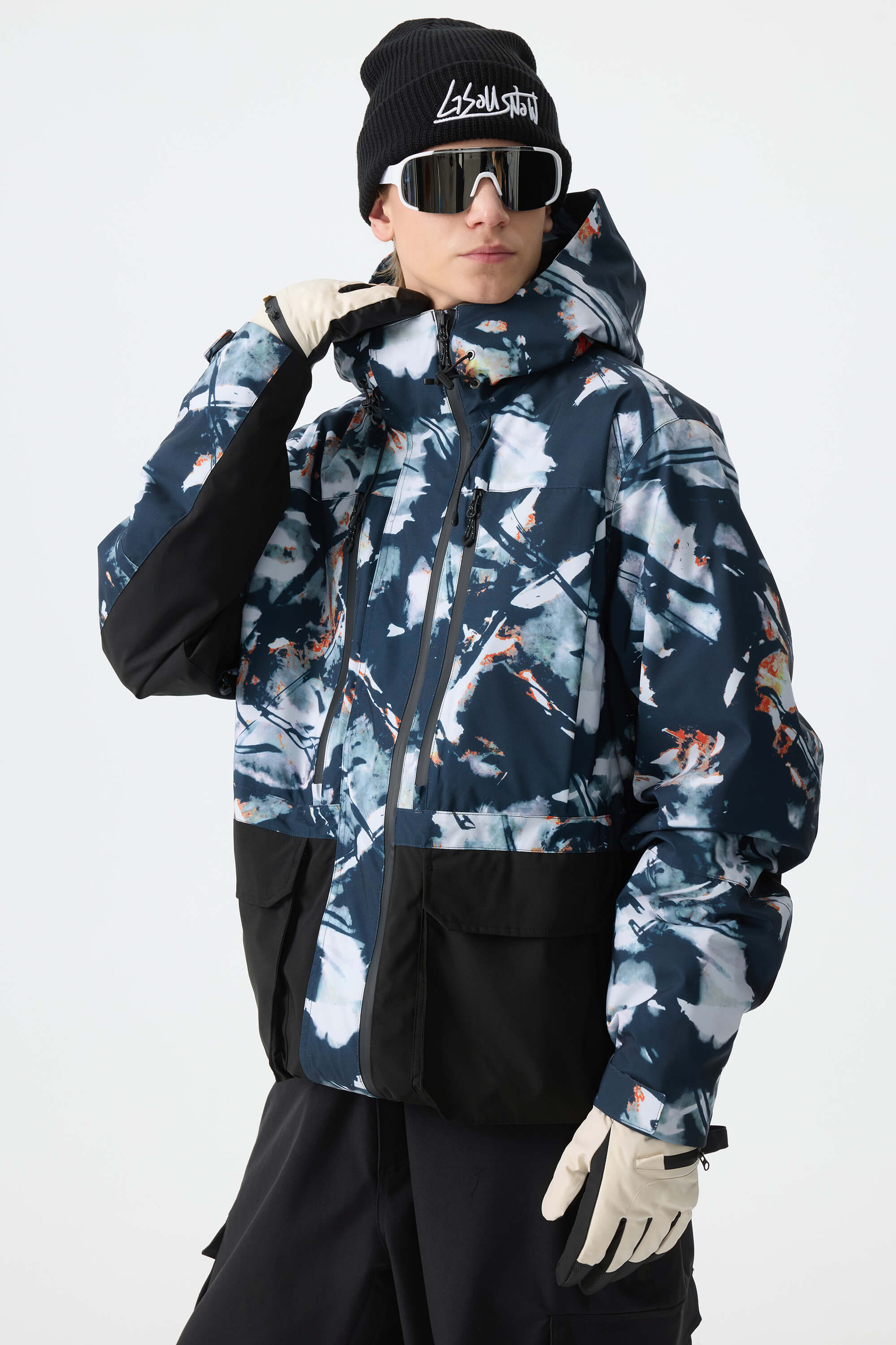 Men's Splatter Printed Modern Contrast Panel Insulated Snow Jacket