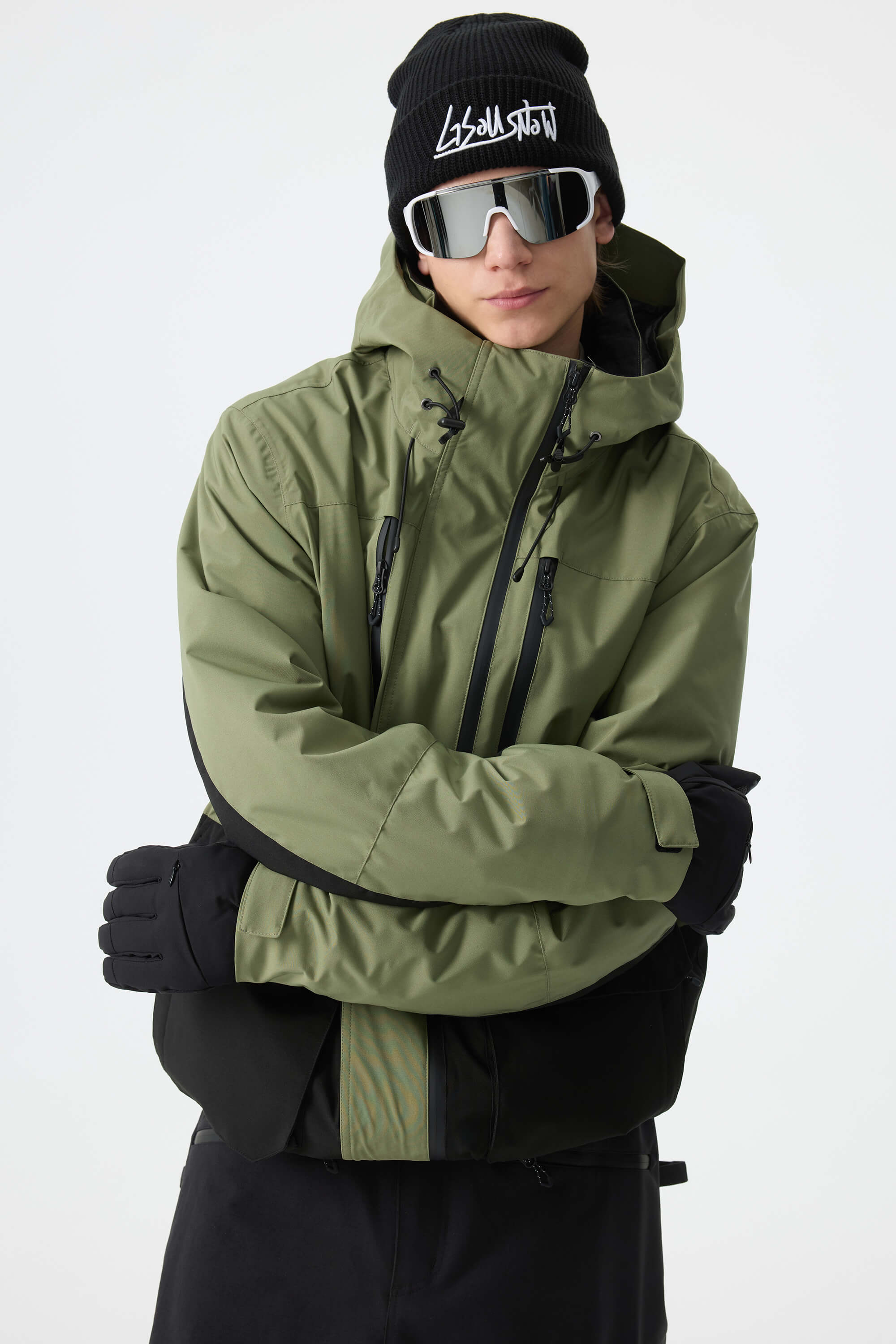 Men's Army Green Modern Contrast Panel Insulated Snow Jacket