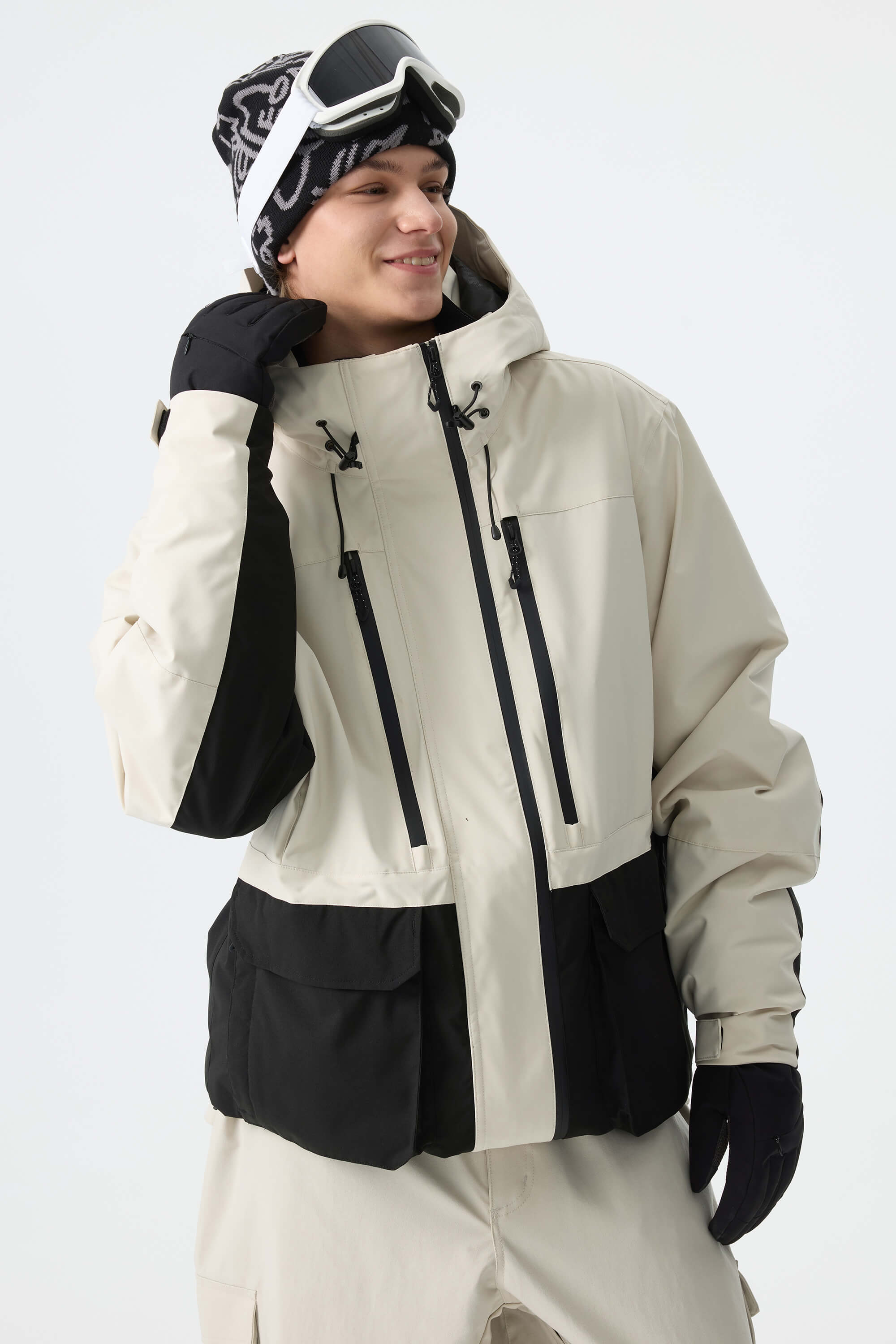 Men's Off White Modern Contrast Panel Insulated Snow Jacket