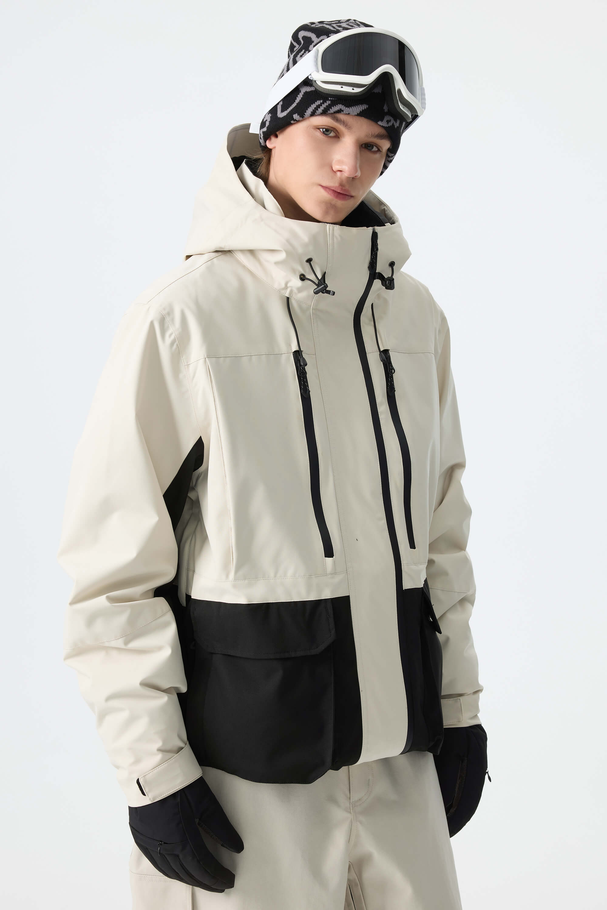 Men's Off White Modern Contrast Panel Insulated Snow Jacket