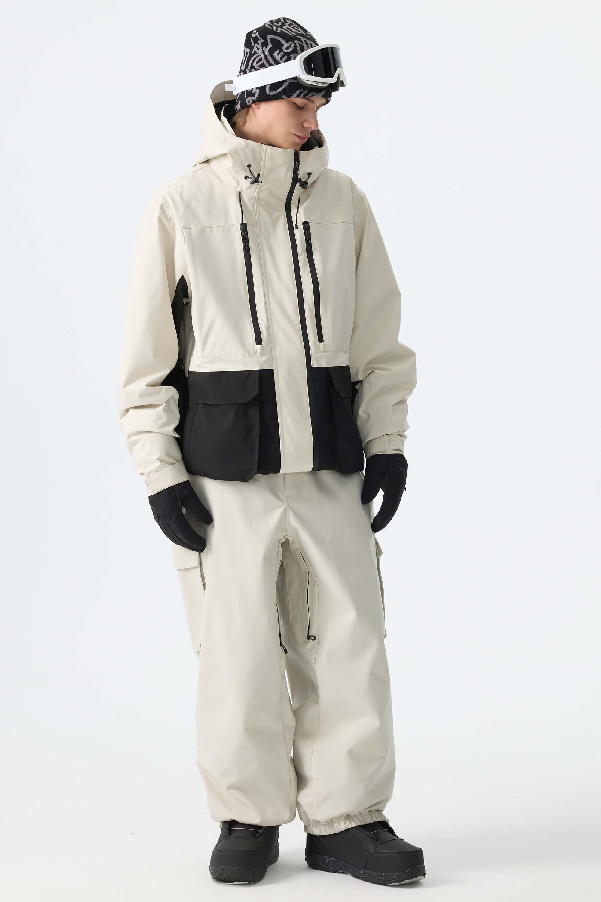 Men's Off White Modern Contrast Panel Insulated Snow Jacket