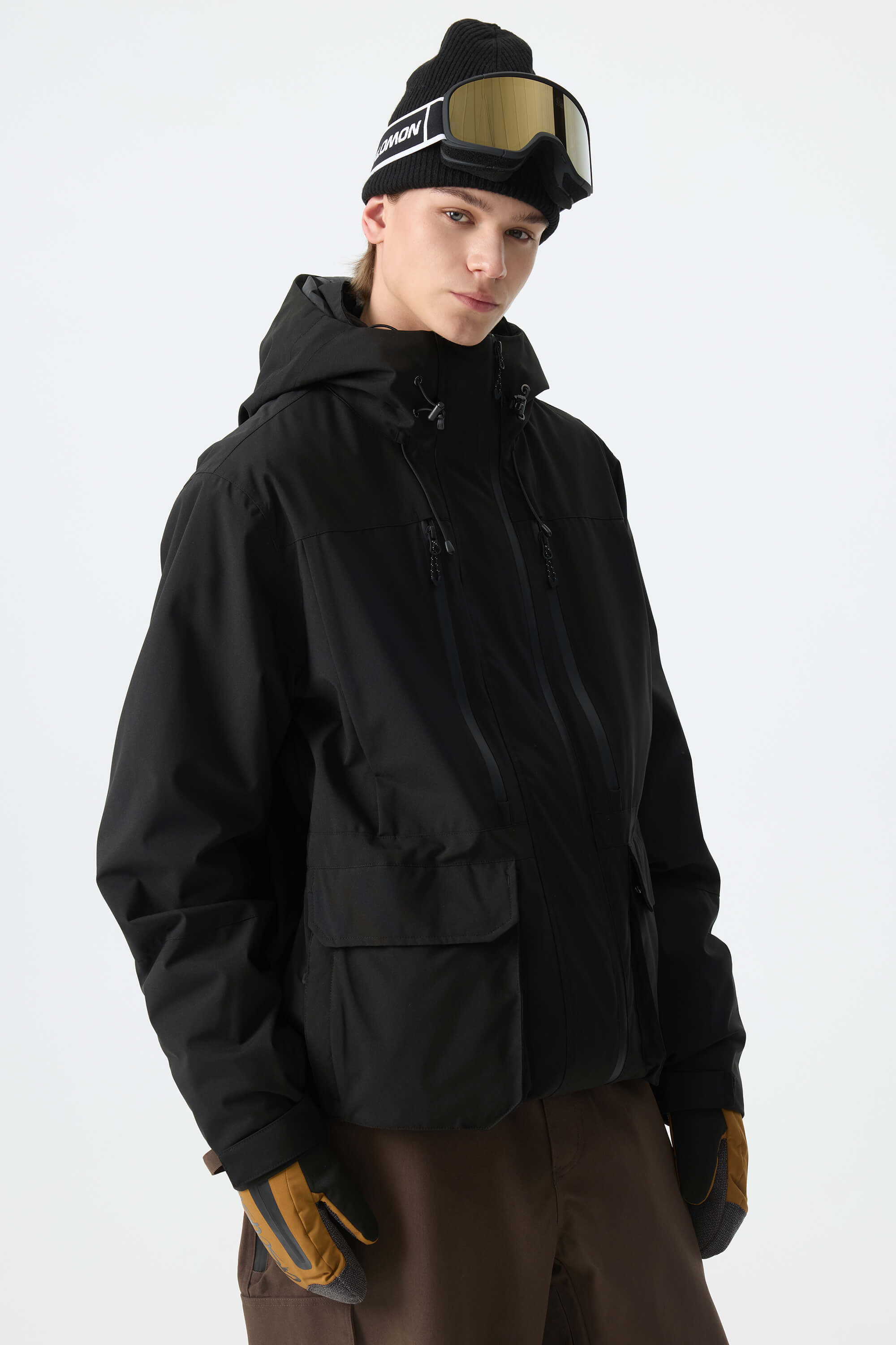 Men's Black Modern Contrast Panel Insulated Snow Jacket