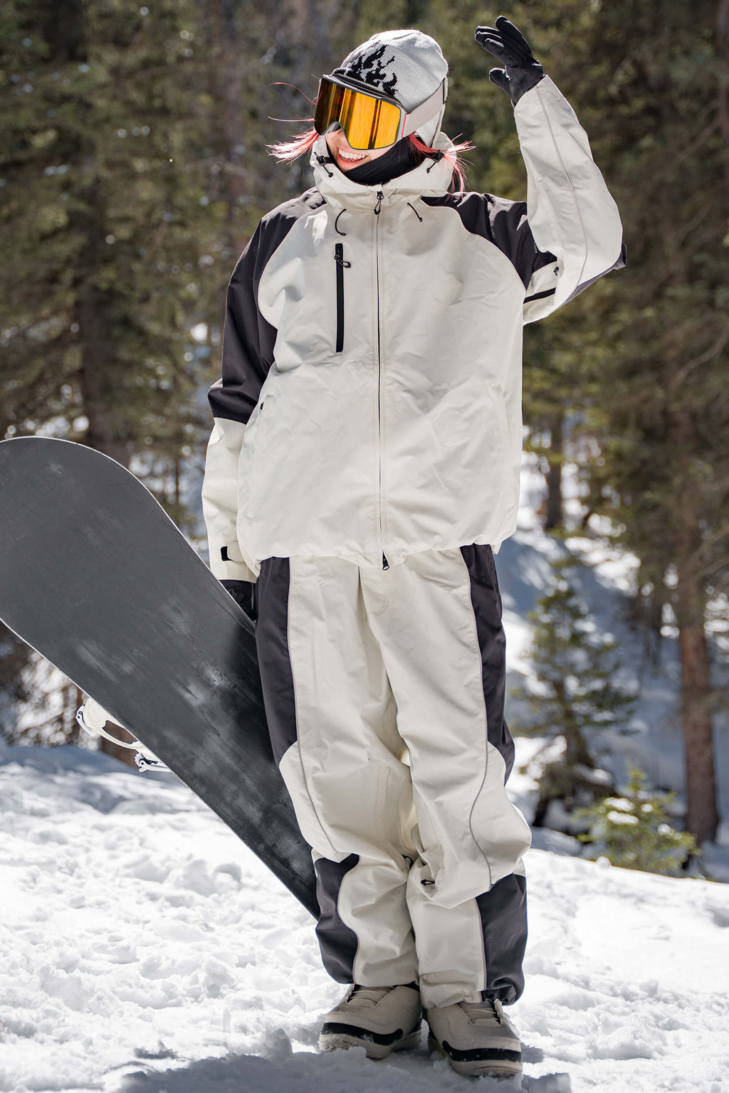 Women's Color Block Off White Waterproof Reflective Snow Jacket