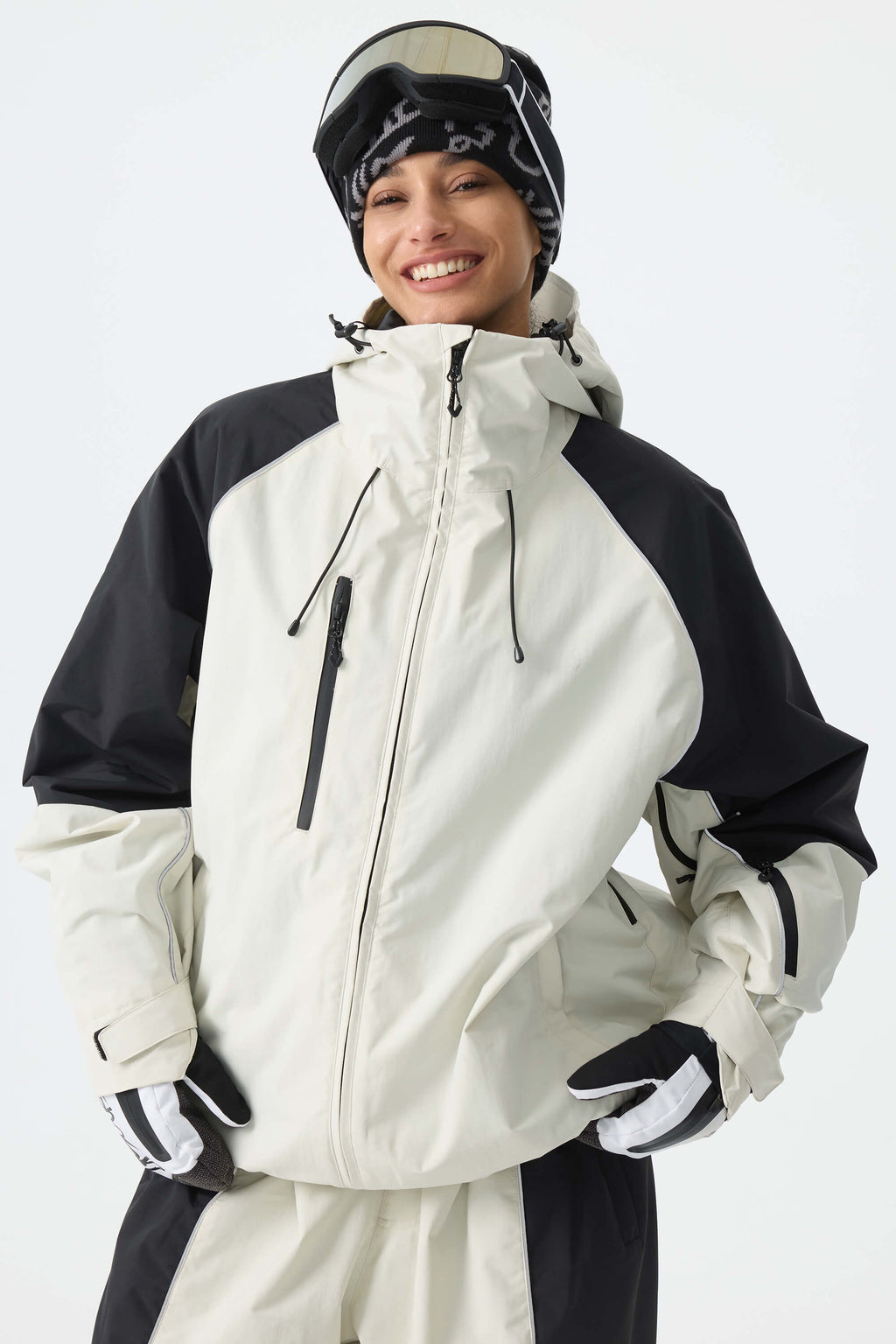 Women's Color Block Off White Waterproof Reflective Snow Jacket