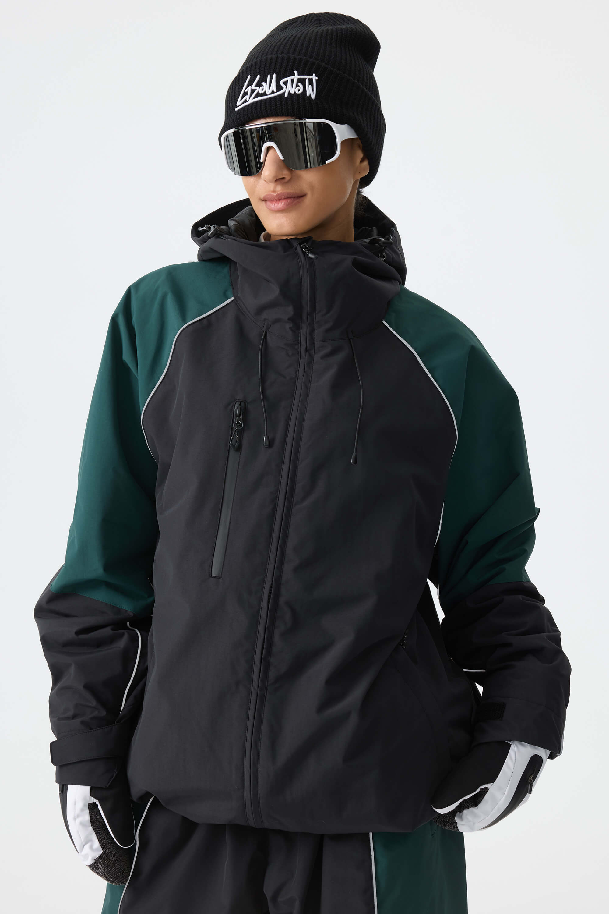 Women's Color Block Black Waterproof Reflective Snow Jacket