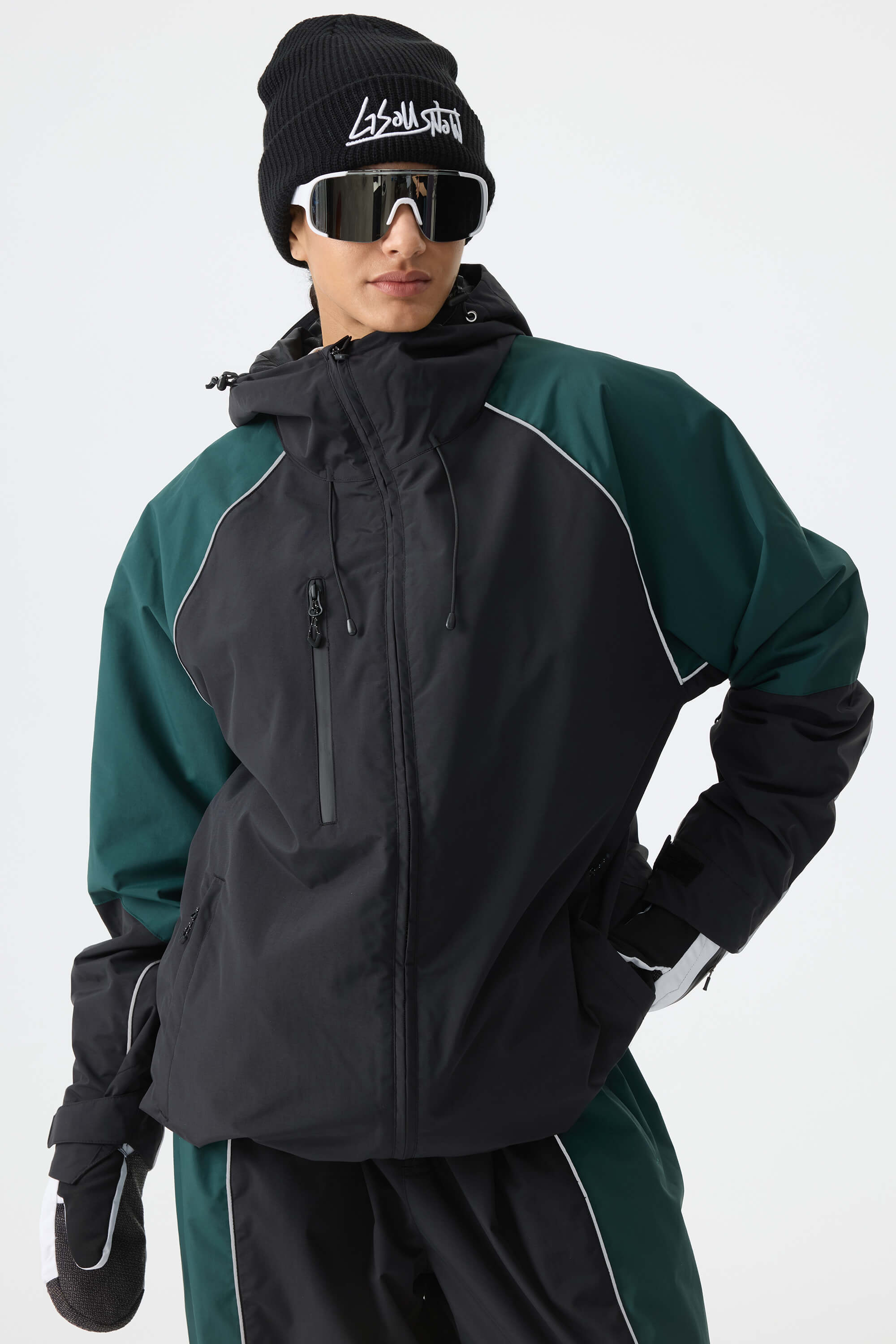 Women's Color Block Black Waterproof Reflective Snow Jacket