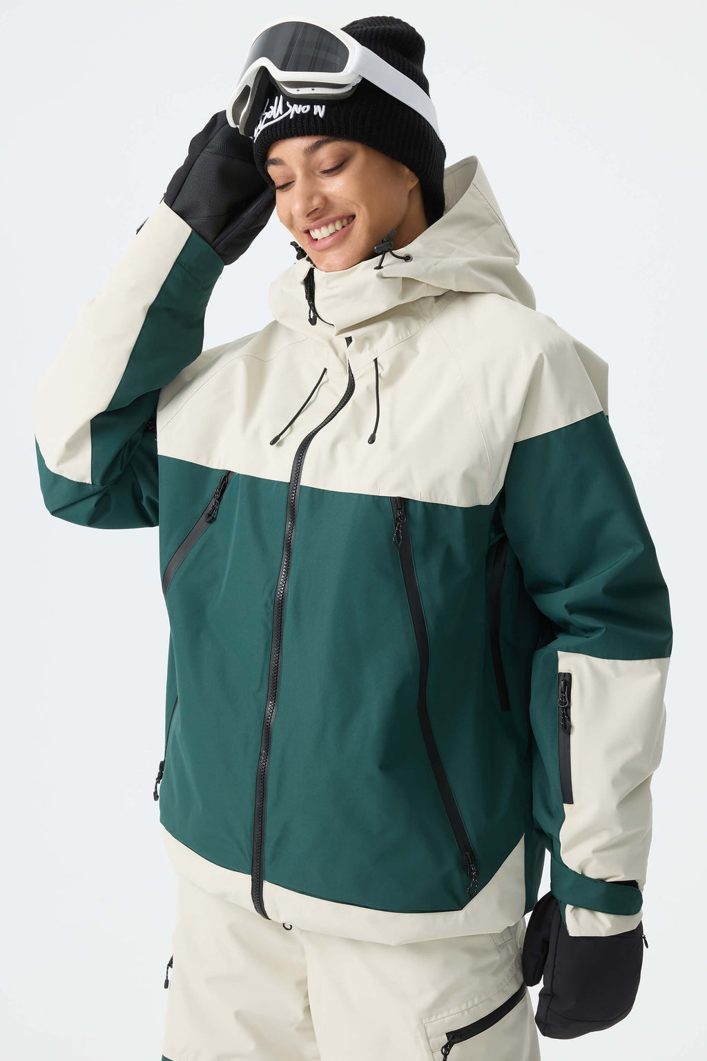 Women's Color-Block Off White & Green Structured Insulated Snow Jacket