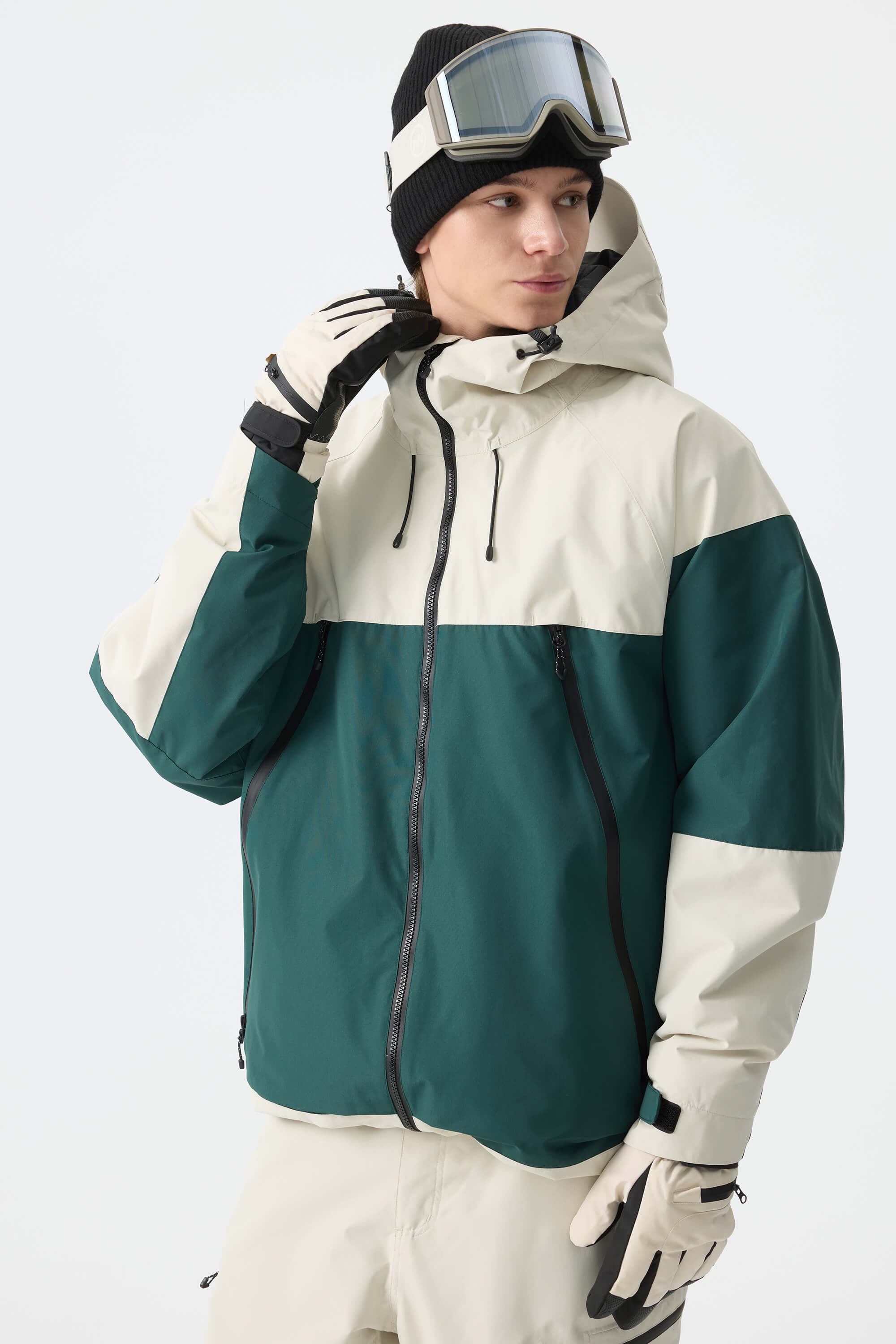 Men's Color-Block Off White & Green Structured Insulated Snow Jacket