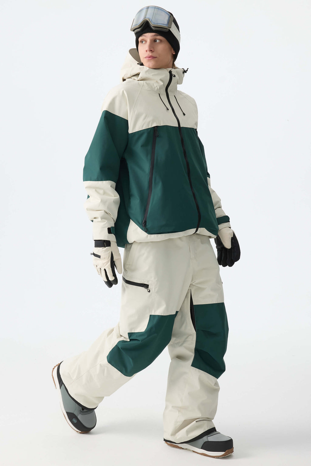 Men's Color-Block Off White & Green Structured Insulated Snow Jacket