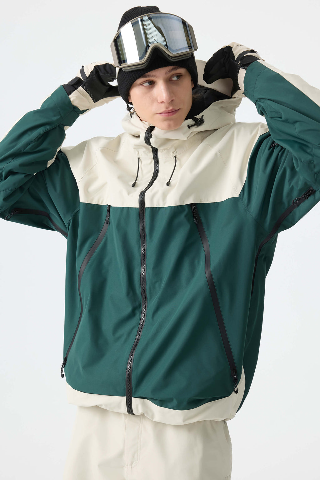 Men's Color-Block Off White & Green Structured Insulated Snow Jacket