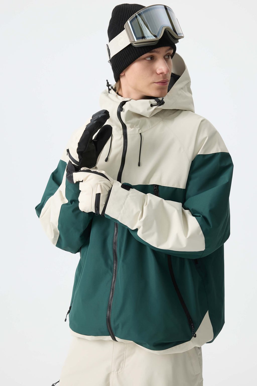 Men's Color-Block Off White & Green Structured Insulated Snow Jacket