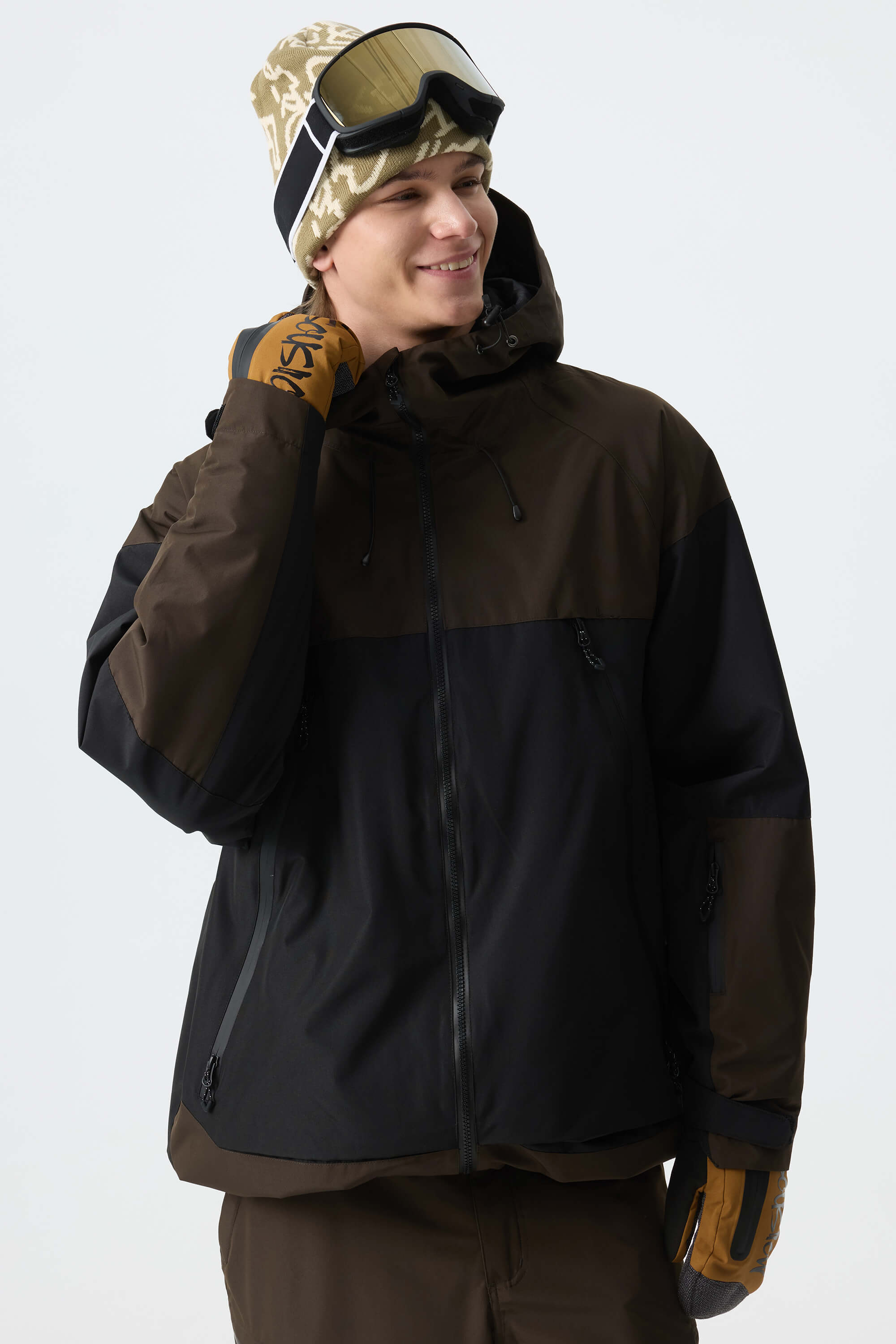 Men's Color-Block Dark Brown & Black Structured Insulated Snow Jacket