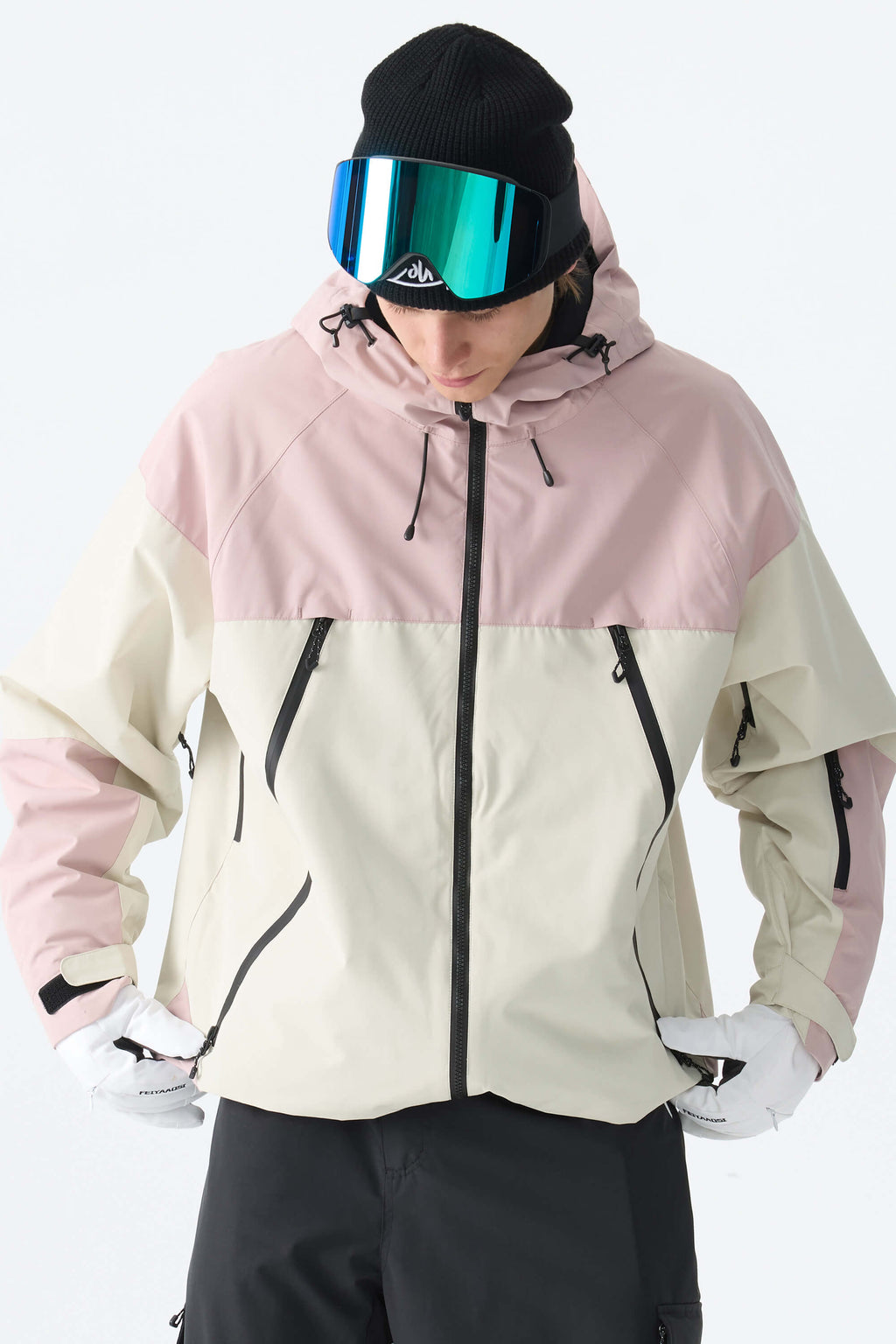 Men's Color-Block Off White & Green Structured Insulated Snow Jacket