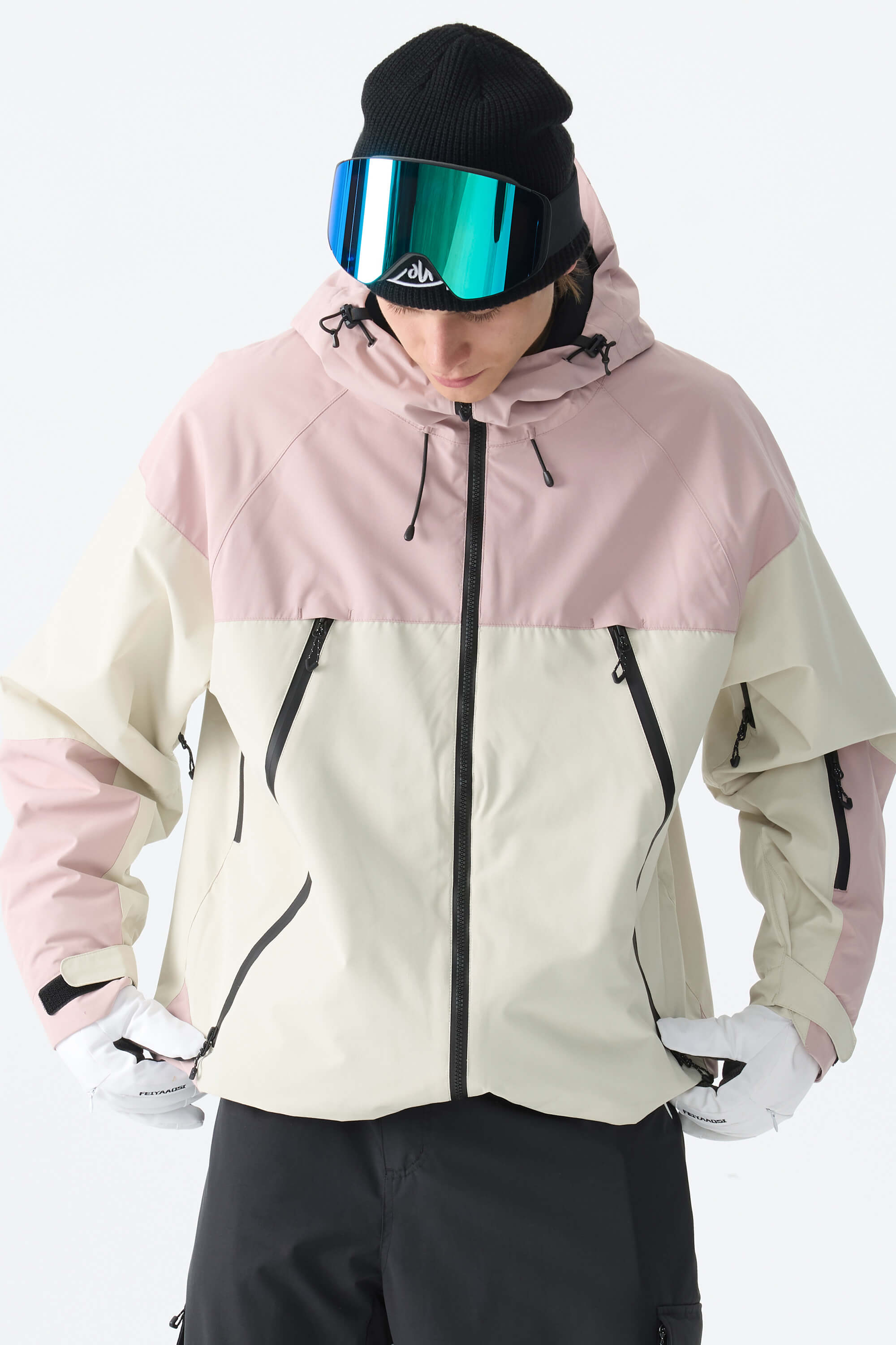 Men's Color-Block Pink & Off White Structured Insulated Snow Jacket
