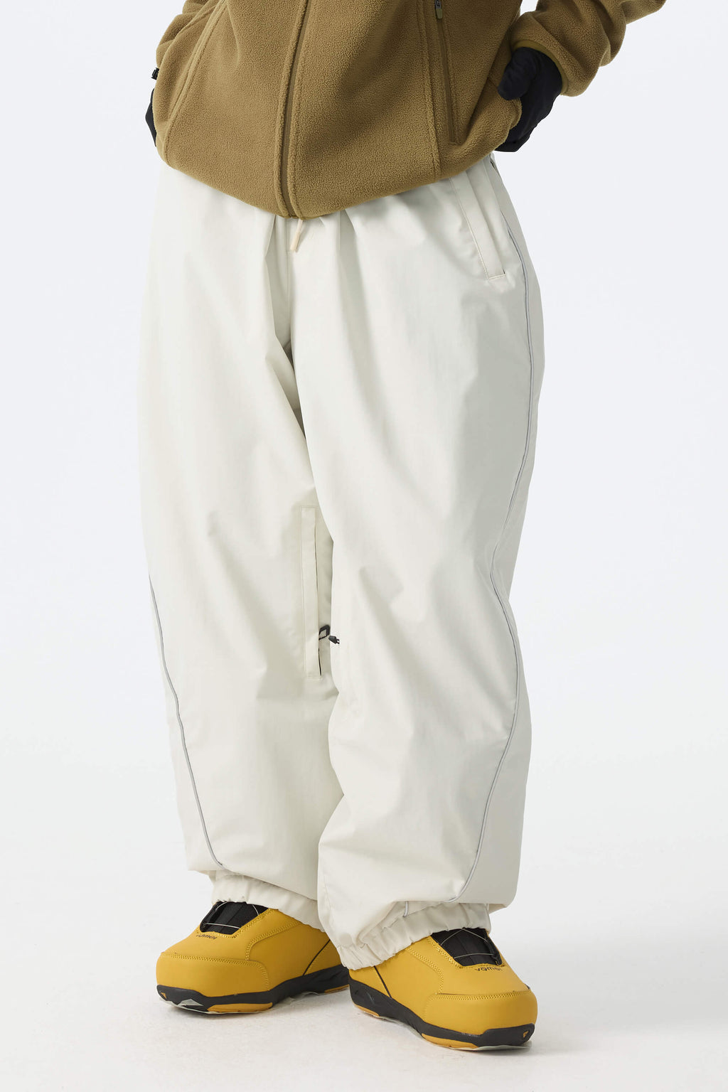 Women's Brown Baggy Reflective Piping Drawstring Snow Pants