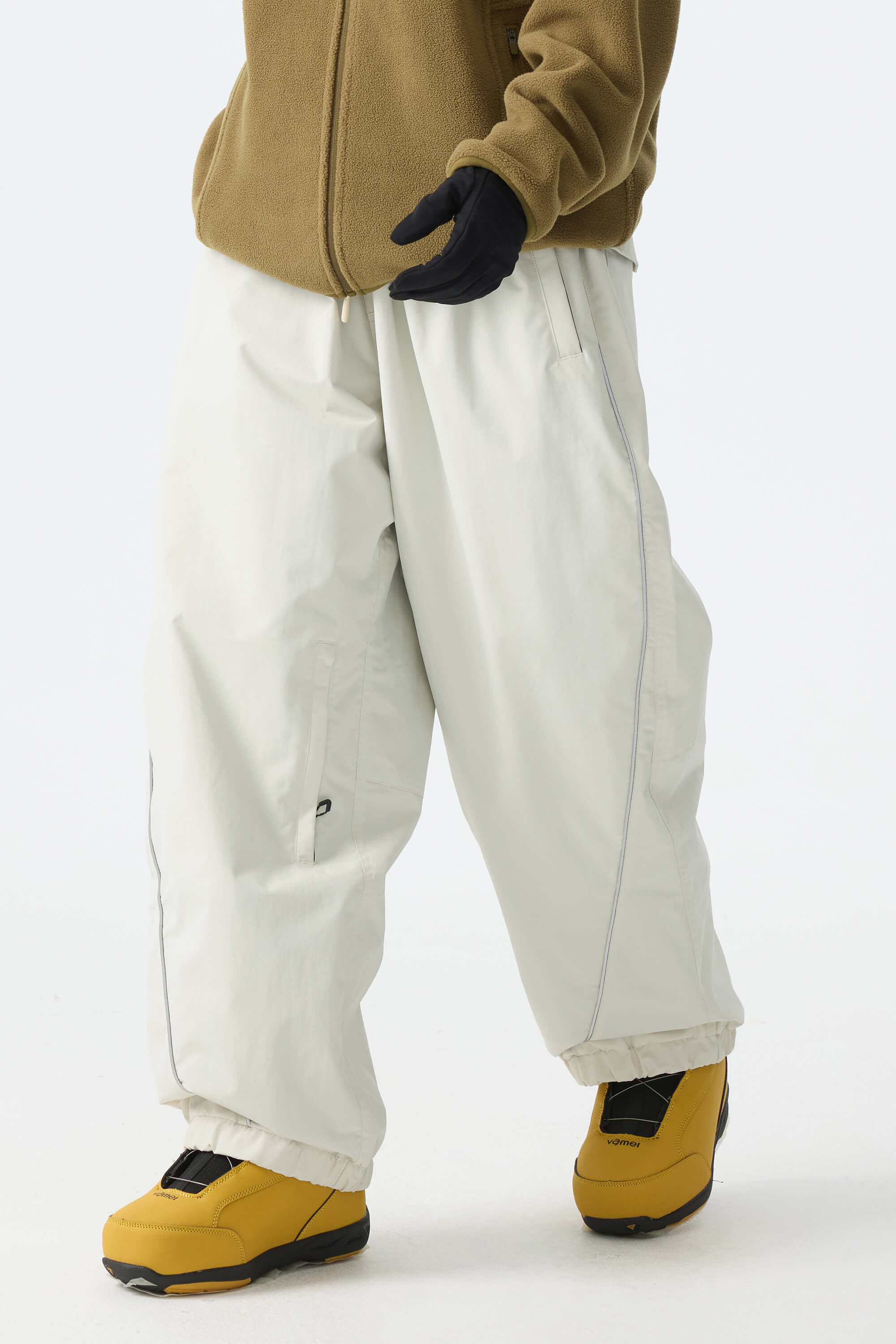 Women's Khaki Baggy Reflective Piping Drawstring Snow Pants