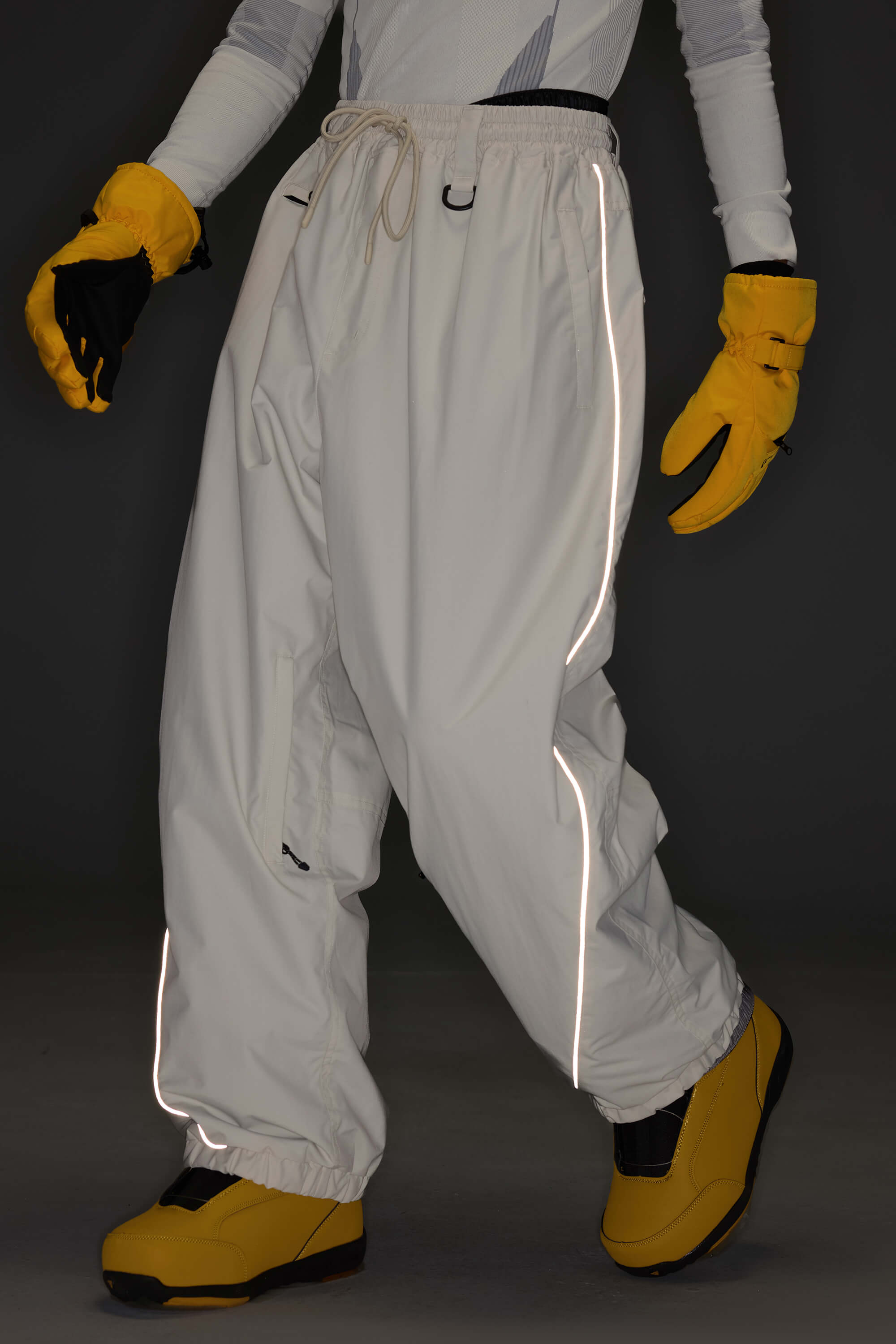Men's Khaki Baggy Reflective Piping Drawstring Snow Pants