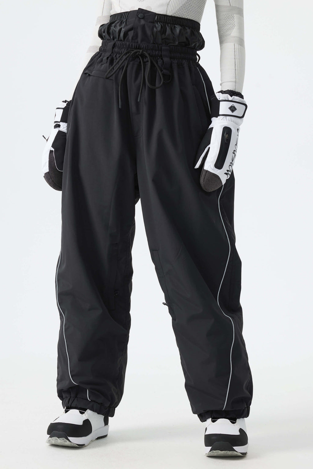 Women's Khaki Baggy Reflective Piping Drawstring Snow Pants