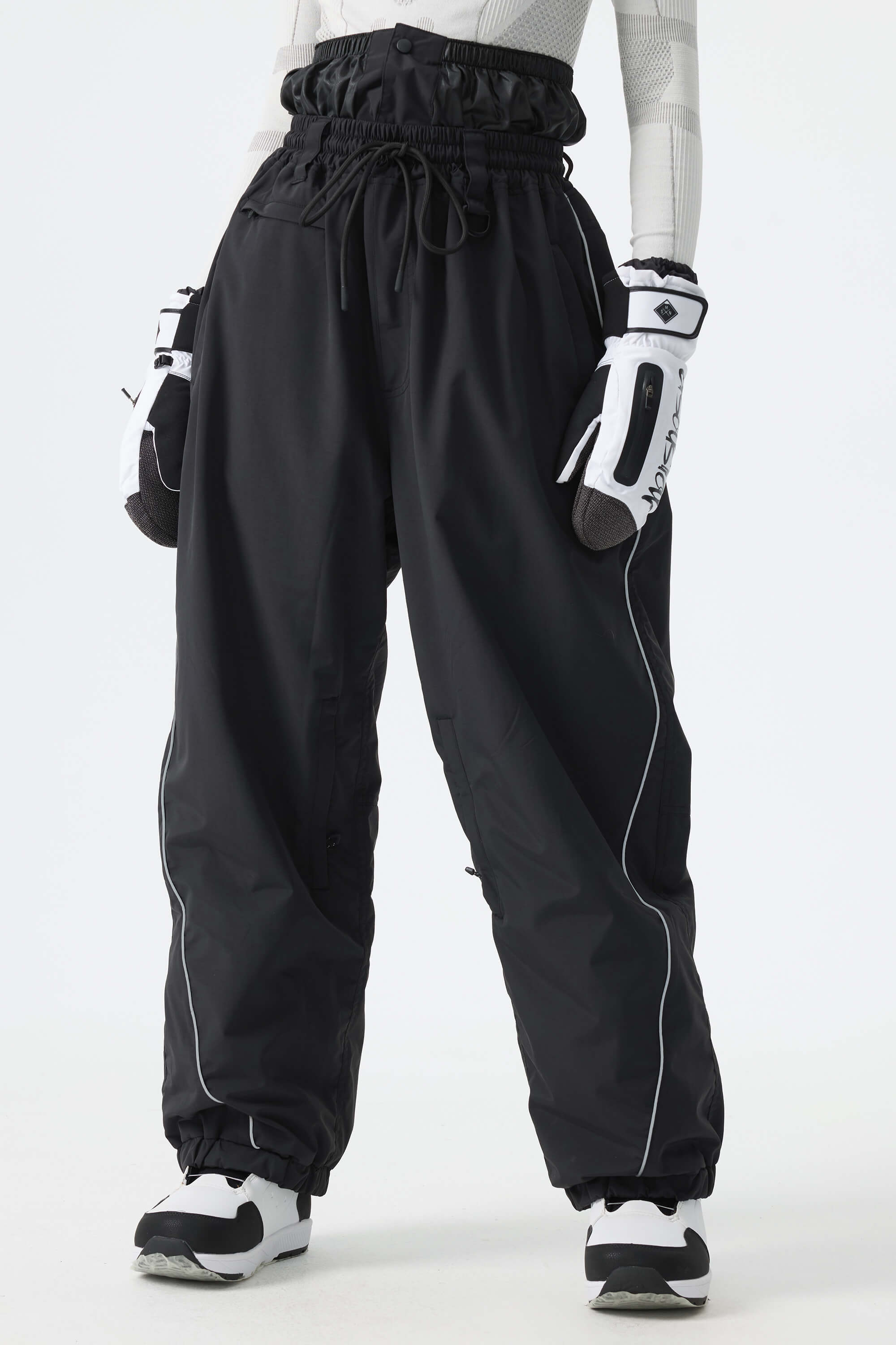 Women's Brown Baggy Reflective Piping Drawstring Snow Pants