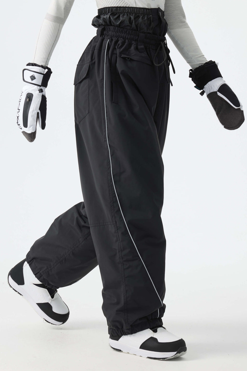 Women's Black Baggy Reflective Piping Drawstring Snow Pants