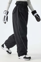 Women's Black Baggy Reflective Piping Drawstring Snow Pants