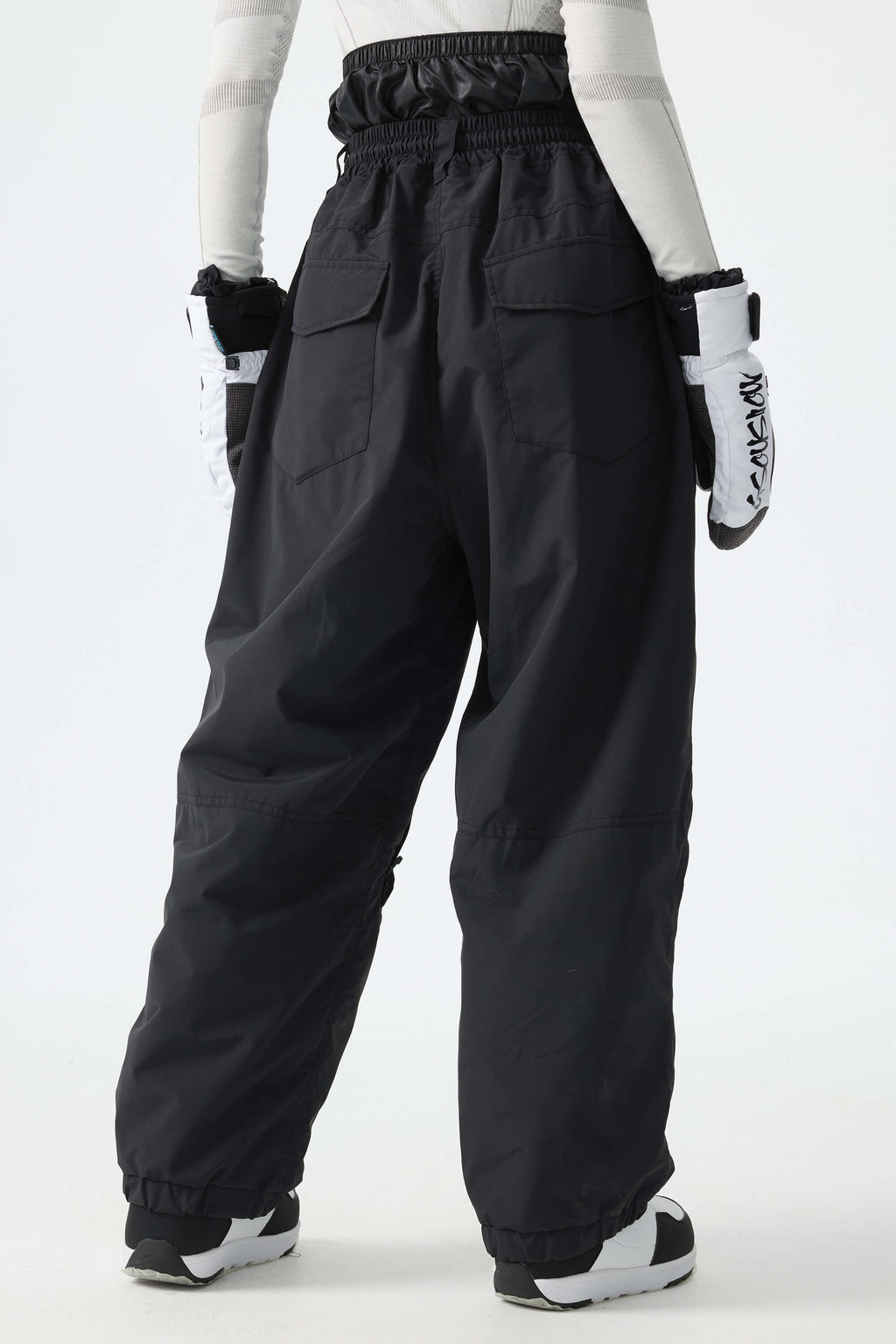 Women's Black Baggy Reflective Piping Drawstring Snow Pants