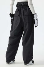 Women's Black Baggy Reflective Piping Drawstring Snow Pants