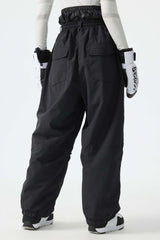 Women's Black Baggy Reflective Piping Drawstring Snow Pants