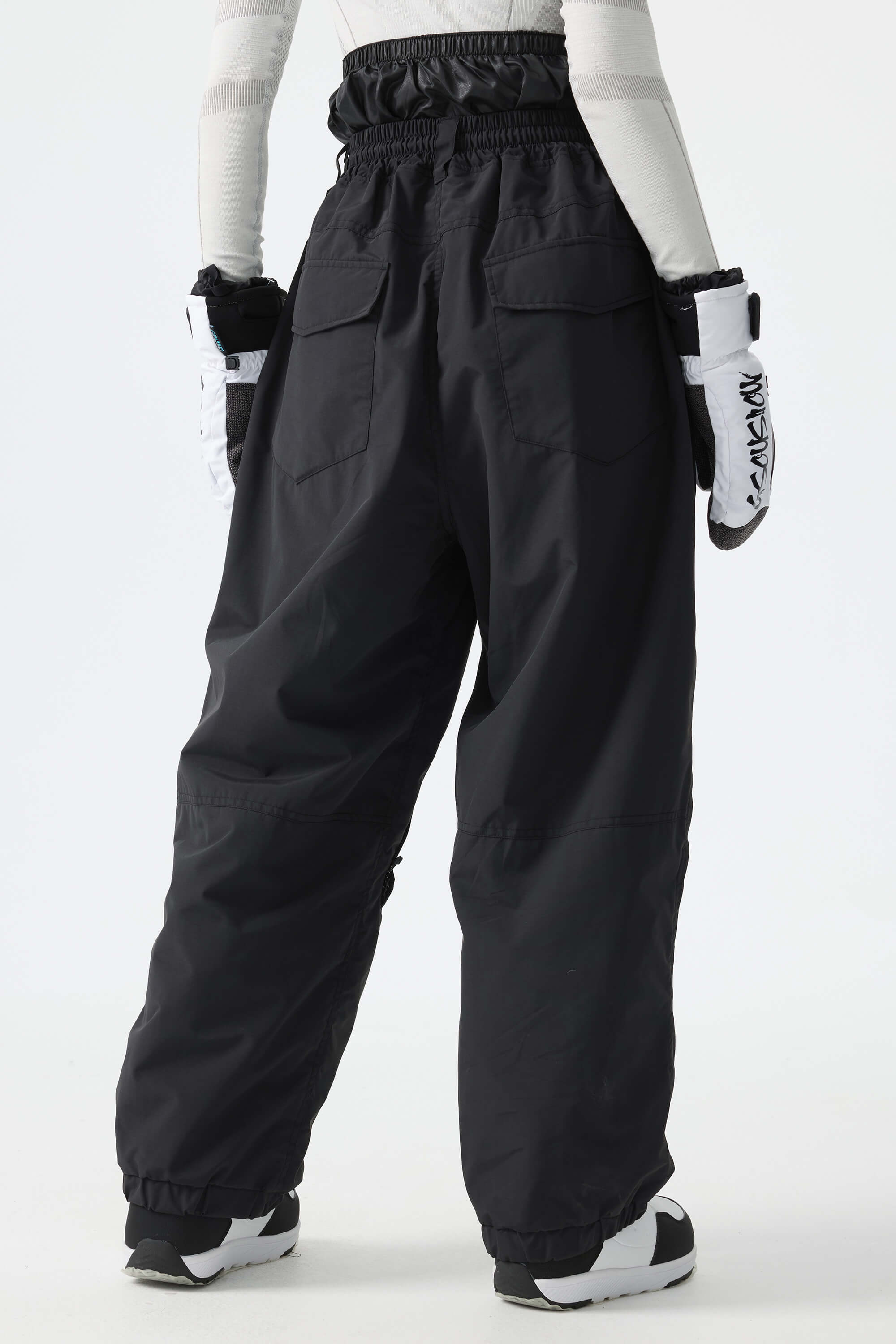 Women's Black Baggy Reflective Piping Drawstring Snow Pants