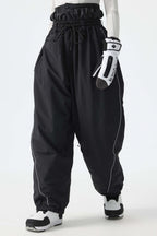 Women's Khaki Baggy Reflective Piping Drawstring Snow Pants