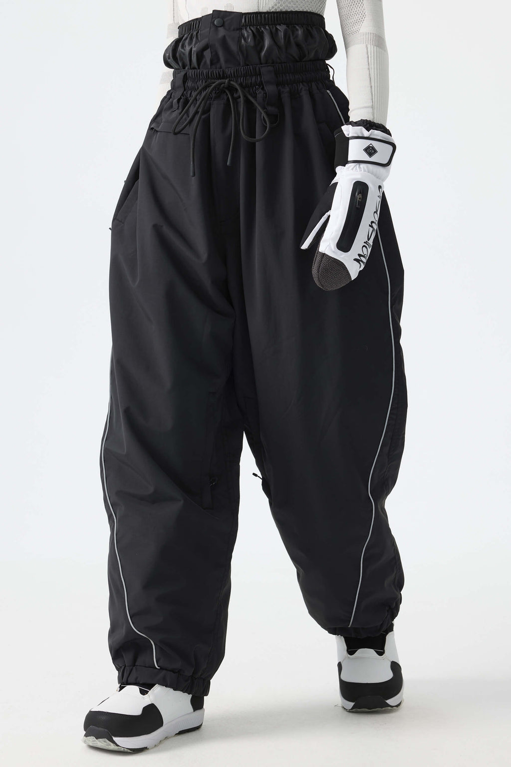 Women's Brown Baggy Reflective Piping Drawstring Snow Pants
