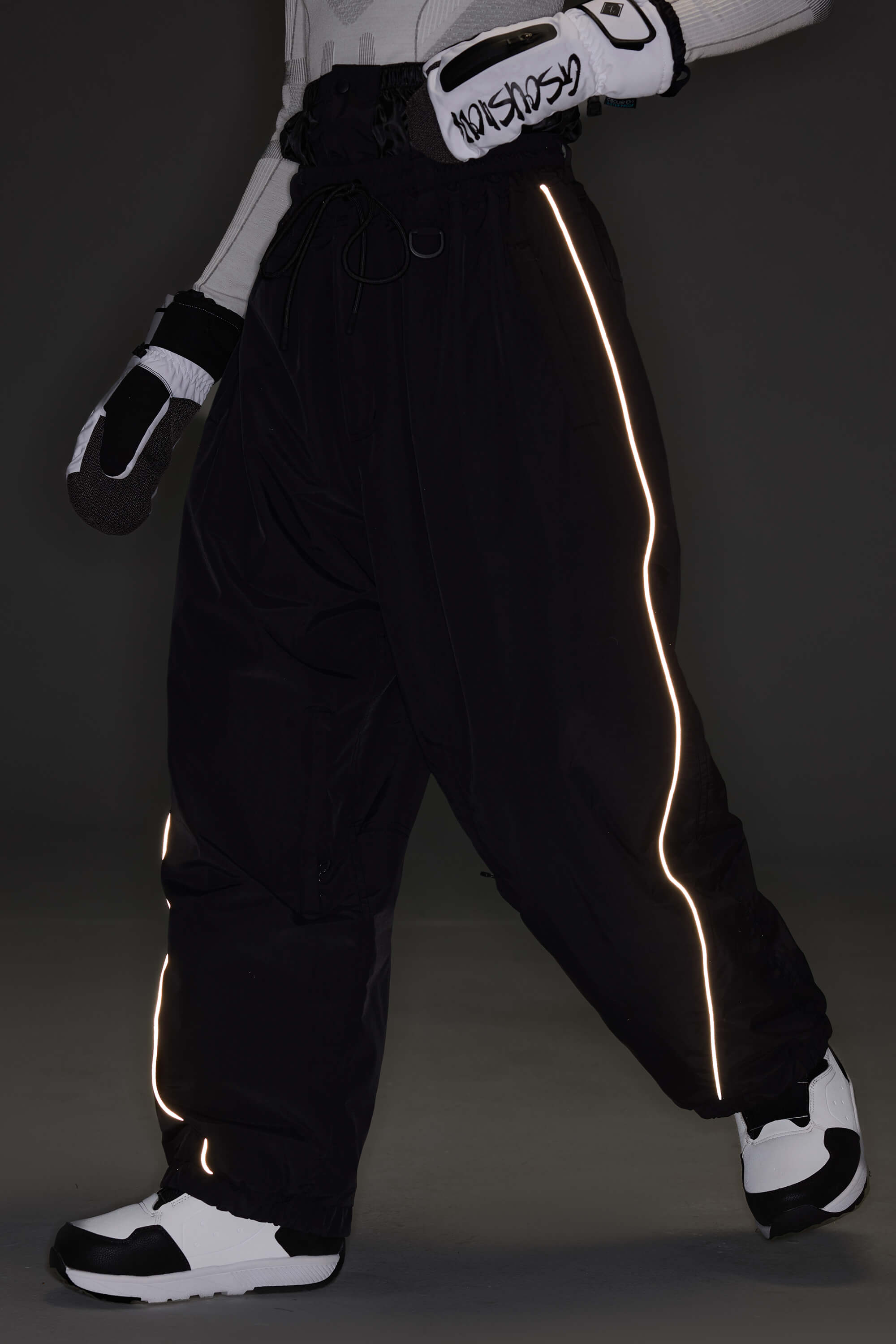Women's Khaki Baggy Reflective Piping Drawstring Snow Pants