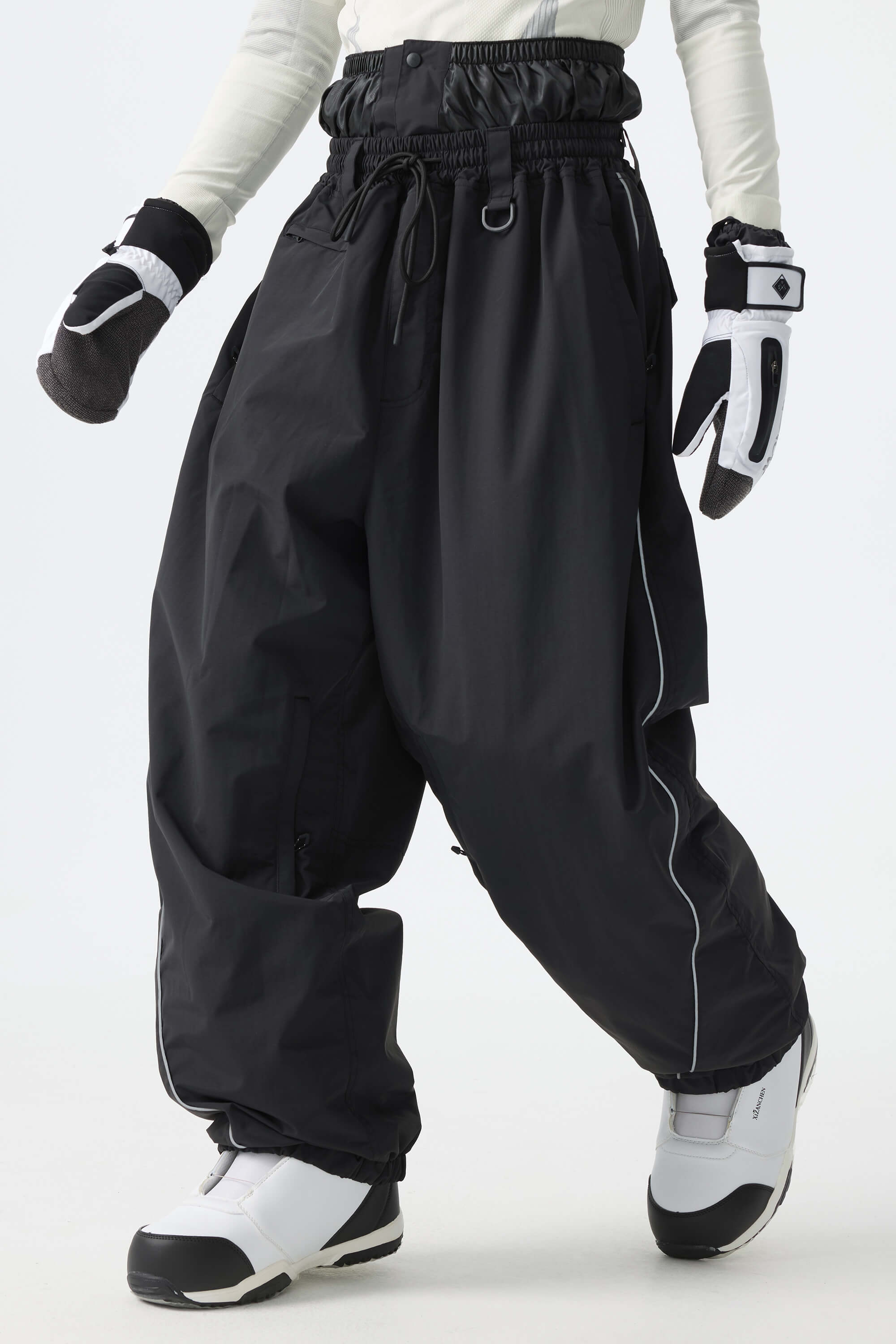 Men's Khaki Baggy Reflective Piping Drawstring Snow Pants