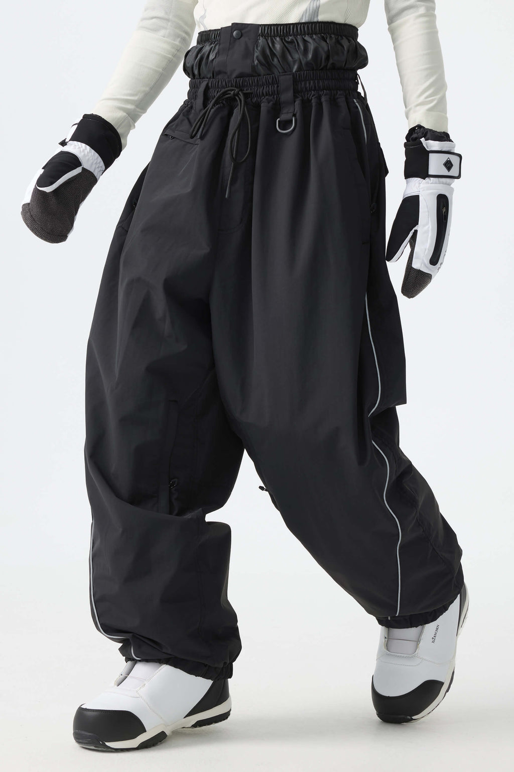 Men's Black Baggy Reflective Piping Drawstring Snow Pants