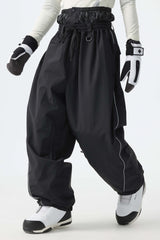 Men's Black Baggy Reflective Piping Drawstring Snow Pants