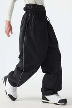 Men's Black Baggy Reflective Piping Drawstring Snow Pants
