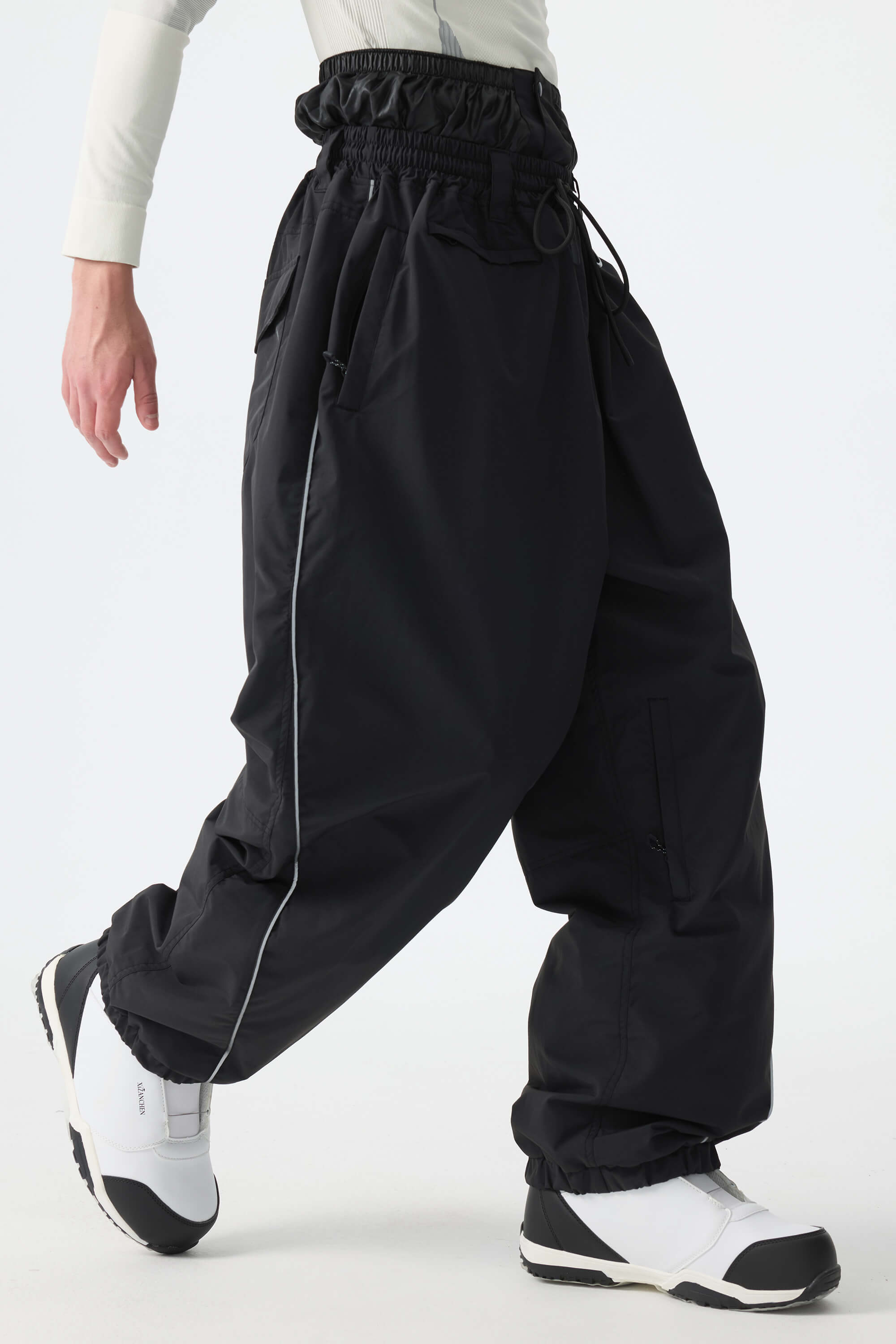 Men's Black Baggy Reflective Piping Drawstring Snow Pants