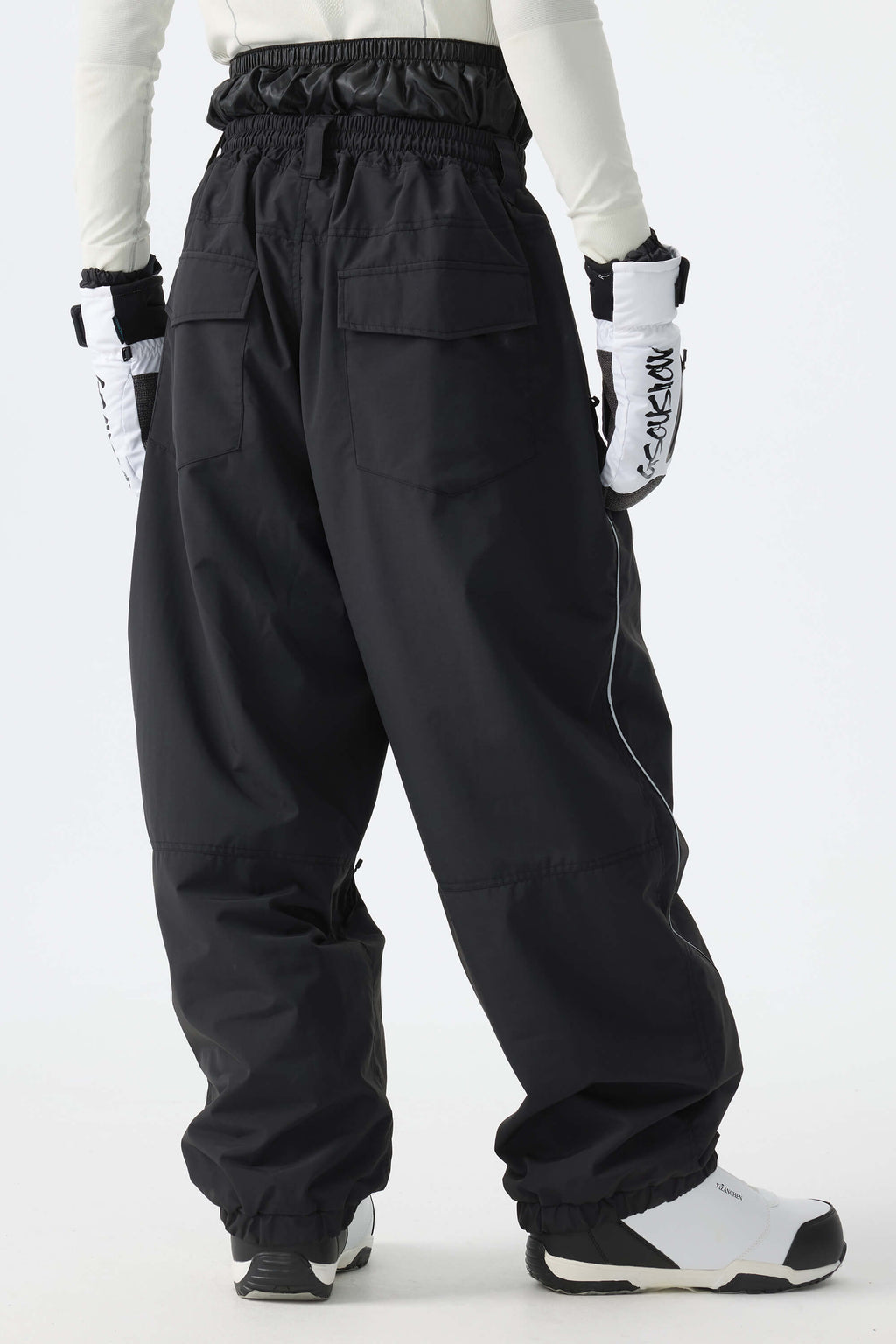 Men's Black Baggy Reflective Piping Drawstring Snow Pants
