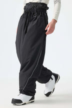 Men's Black Baggy Reflective Piping Drawstring Snow Pants