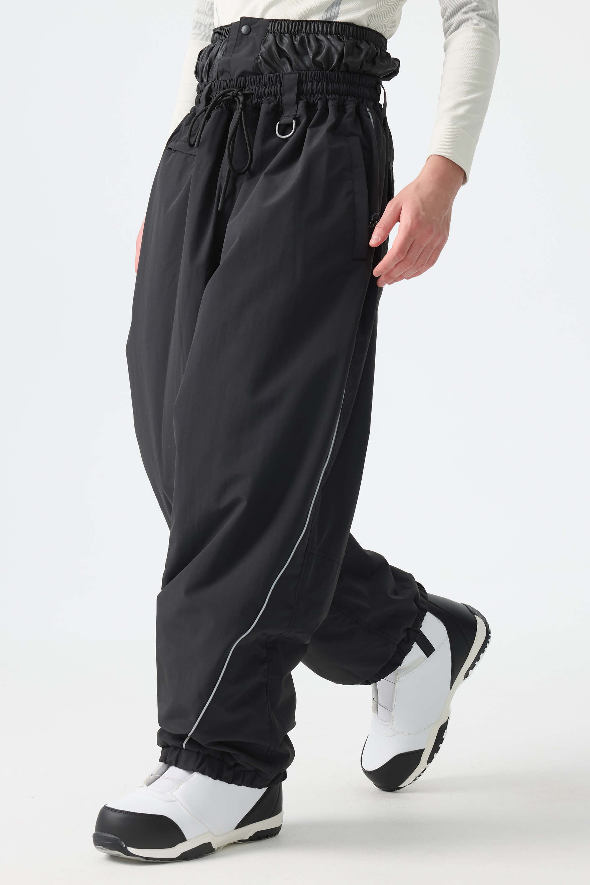 Men's Black Baggy Reflective Piping Drawstring Snow Pants