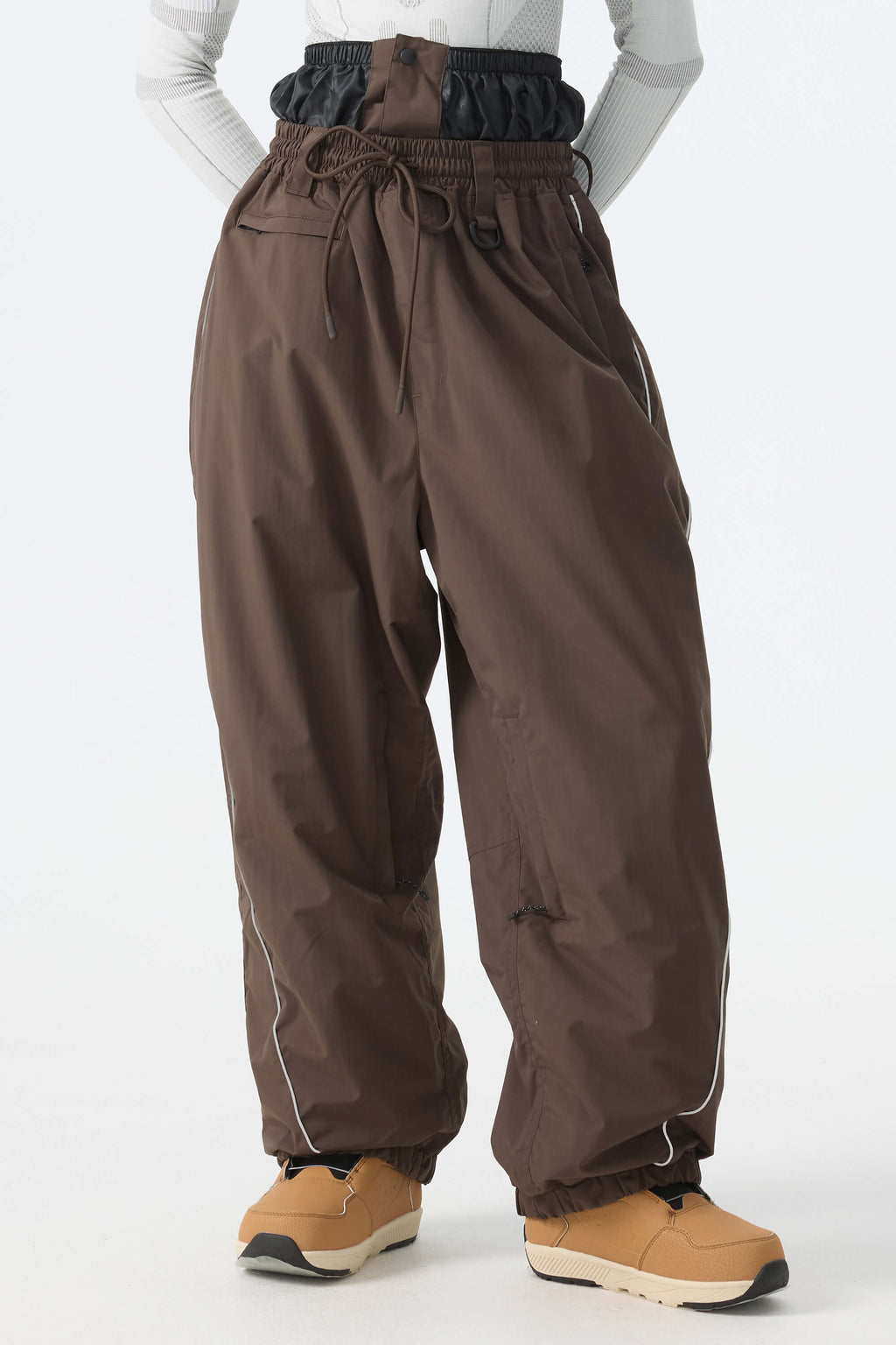 Women's Khaki Baggy Reflective Piping Drawstring Snow Pants