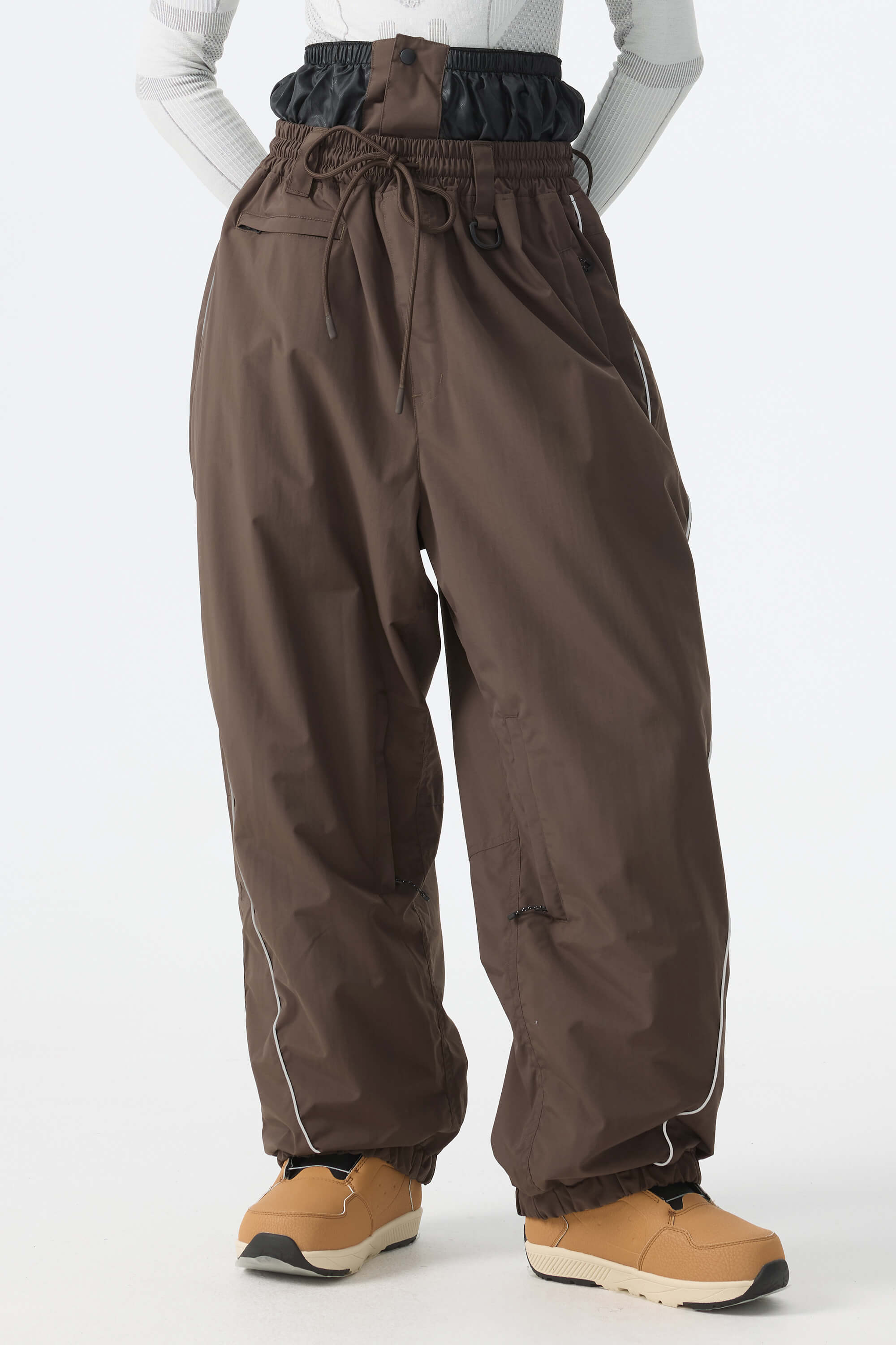 Women's Khaki Baggy Reflective Piping Drawstring Snow Pants