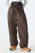 Women's Brown Baggy Reflective Piping Drawstring Snow Pants