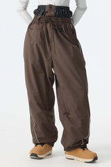 Women's Brown Baggy Reflective Piping Drawstring Snow Pants