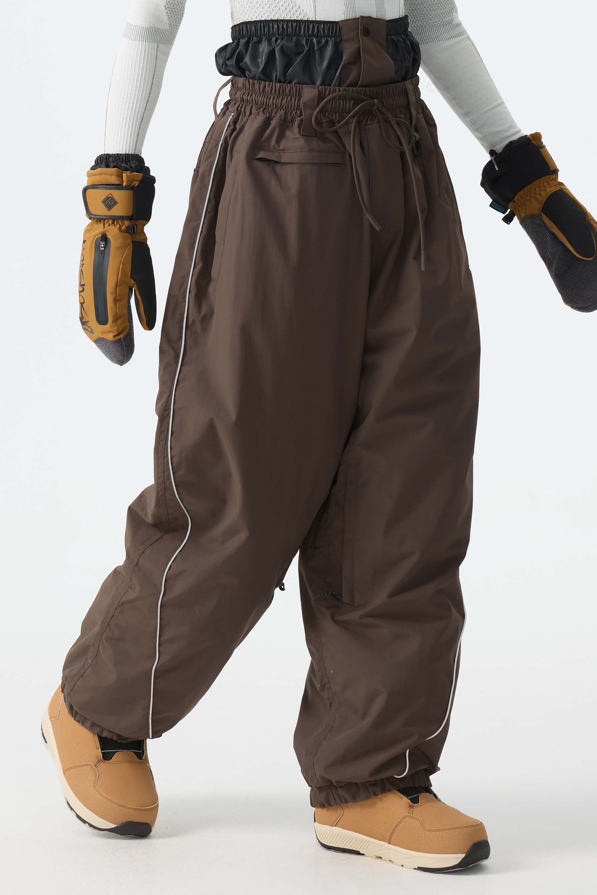Women's Khaki Baggy Reflective Piping Drawstring Snow Pants