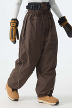 Women's Brown Baggy Reflective Piping Drawstring Snow Pants