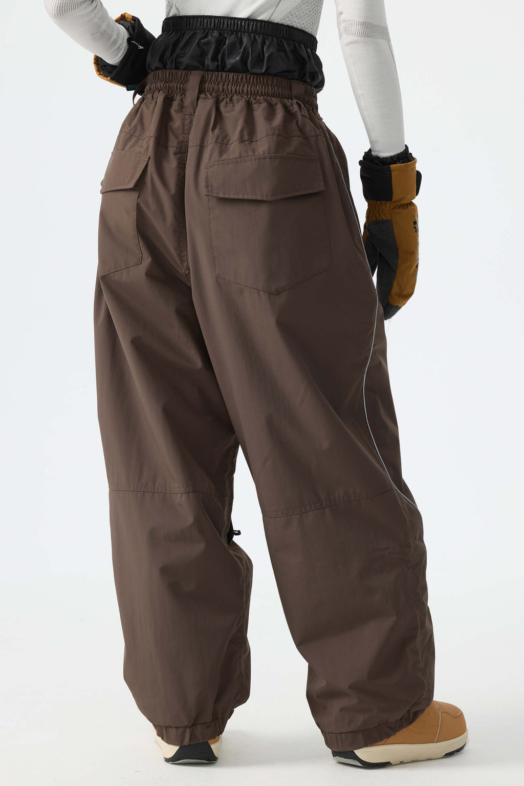 Women's Brown Baggy Reflective Piping Drawstring Snow Pants