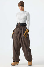 Women's Brown Baggy Reflective Piping Drawstring Snow Pants