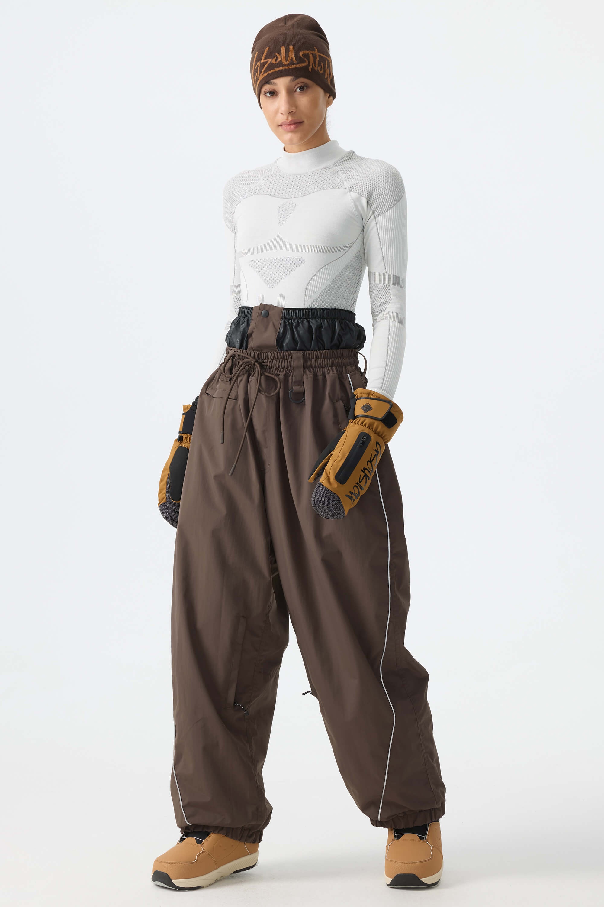 Women's Brown Baggy Reflective Piping Drawstring Snow Pants
